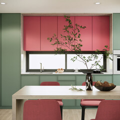 Close up kitchen room interior design and decoration with built in kitchen counter and cabinets, island and pink chairs. 3d rendering dining and kitchen room.