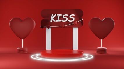 3D rendering of red podium for Valentine products on Valentine's Day.