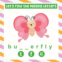 Find the missing letter cute butterfly worksheet for kids learning insects in English. Educational alphabetic game. Printable worksheet for preschool.  Spelling and writing practise page for children.