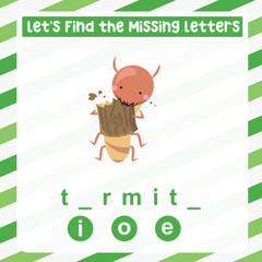 Find the missing letter cute termite worksheet for kids learning insects in English. Educational alphabetic game. Printable worksheet for preschool.  Spelling and writing practise page for children. 