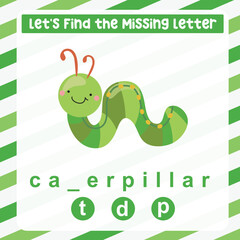 Find the missing letter cute caterpillar worksheet for kids learning insects in English. Educational alphabetic game. Printable worksheet for preschool.  Spelling and writing practise page for kids.