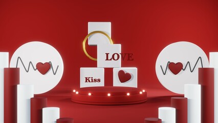 3D rendering of red podium for Valentine products on Valentine's Day.