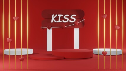 3D rendering of red podium for Valentine products on Valentine's Day.