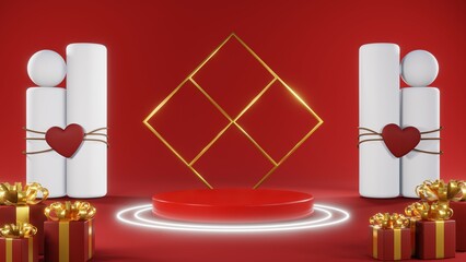 3D rendering of red podium for Valentine products on Valentine's Day.