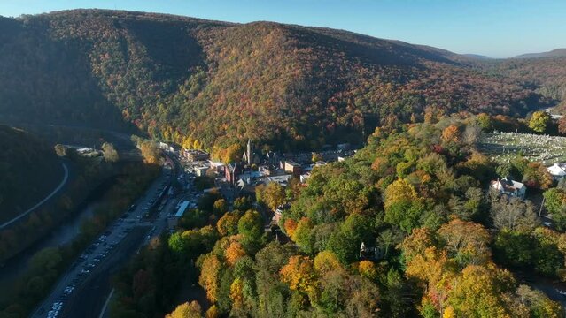 Village of Jim Thorpe Pennsylvania. Carbon County and Appalachian Mountains in autumn. Aerial view.