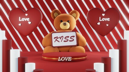 3D rendering of red podium for Valentine products on Valentine's Day.