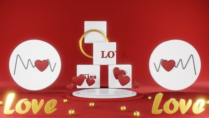 3D rendering of red podium for Valentine products on Valentine's Day.