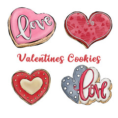 Valentines Heart Cookies Watercolor Style