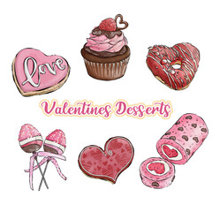 Valentines Desserts Elements, Watercolor Style