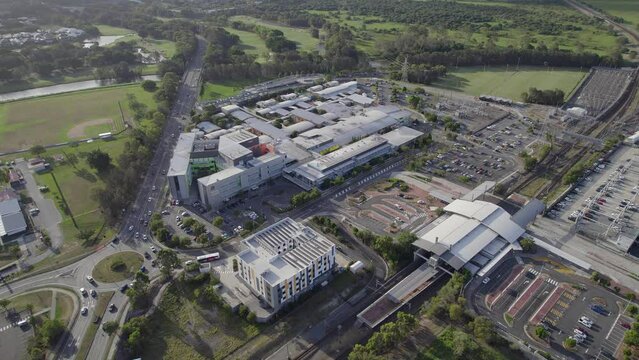 Aerial View Of The Robina Hospital In The Robina CBD, Gold Coast, Queensland. orbiting shot
