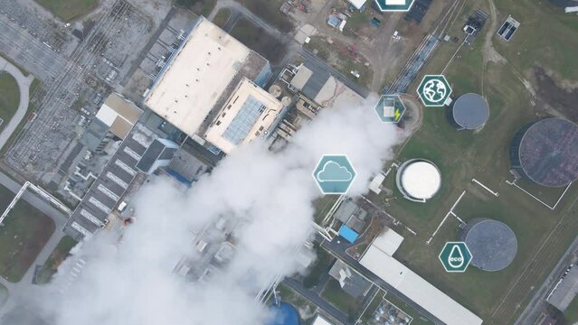 Aerial chimney factory industrial with smoke chemical pollution, zero emission sustainability plan with animated logo