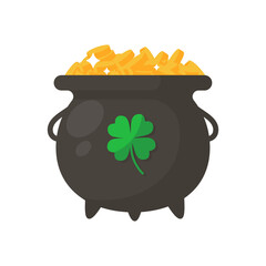 A pot that holds a lot of gold coins. Wealth concept for Saint Patrick's party