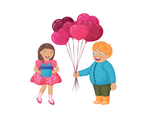 A boy with balloons in the form of hearts and a girl with gifts. Illustration for Valentine s Day. Cute cartoon-style children give each other gifts. Vector illustration