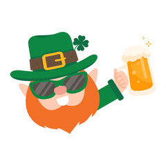 Funny leprechaun cartoon celebrating by drinking beer on Saint Patrick's Day.