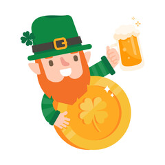 Funny leprechaun cartoon celebrating by drinking beer on Saint Patrick's Day.