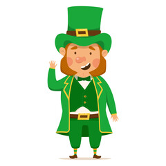 Funny and cute leprechaun for St. Patrick's day. Happy leprechaun in a green suit and hat. Vector Illustration isolated on a white background.