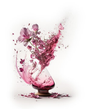 Elixir of love with pink flowers splashing out of a chemical bottle. Concept of love chemistry. Generative AI.