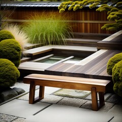 A bench next to a Zen garden. 