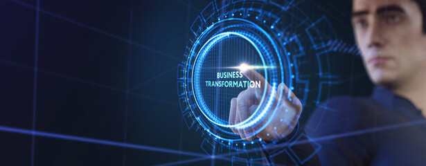 Business, technology, internet and network concept. Virtual screen of the future and sees the inscription: Business transformation. 3d illustration