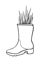 Vector outline rubber rain boots with decorative grass, plant. Cute seasonal spring floral illustration. Shoes as vase. Hand drawn design element, clip art in doodle style, isolated