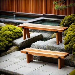 A bench next to a Zen garden. 
