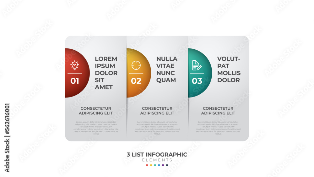Poster 3 list of steps, horizontal layout diagram with number of sequence, colorful and modern infographic 
