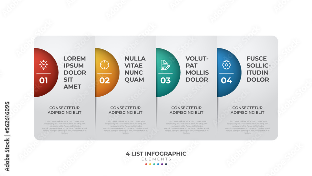 Poster 4 list of steps, horizontal layout diagram with number of sequence, colorful and modern infographic 