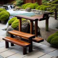 A bench next to a Zen garden. 