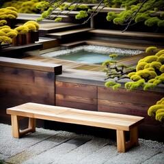 A bench next to a Zen garden. 