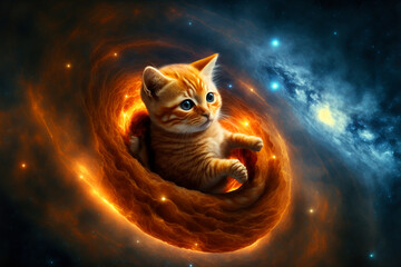 orange kitten riding  through a spiral galaxy. Generative AI	