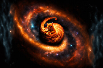 orange kitten riding  through a spiral galaxy. Generative AI	