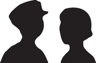 見つめ合う男性と女性の頭部、上半身のシルエット
