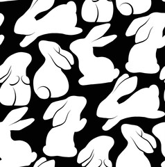 Vector monochrome seamless pattern with rabbits in various poses. Texture with tight white hares on black background. Childish backdrop with animals