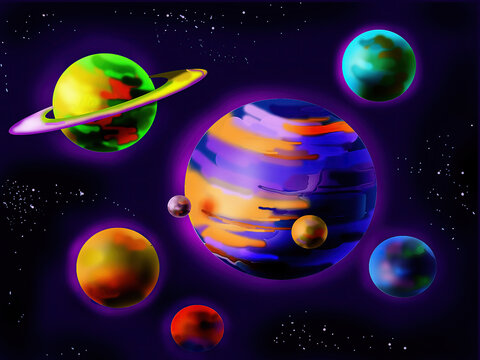 Multicolored Planets in space illustration