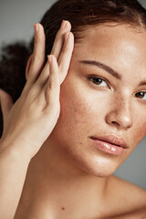 Skin, beauty and black woman portrait with skincare glow from spa treatment and makeup. Model, hand...