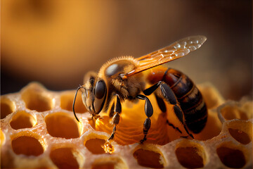 bee with honey on a flower, Generative AI - obrazy, fototapety, plakaty