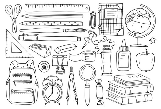 Back to school. Set of school supplies isolated on white background. Vector, hand-drawn, outline drawing with black line, doodles.