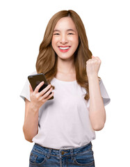 Cheerful beautiful Asian woman holding smartphone with fists clenched celebrating victory expressing success on screen background, PNG transparent.