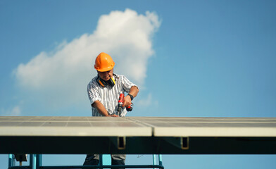 Solar power plant, Electrician working on checking and maintenance, Installing solar panels equipment. 