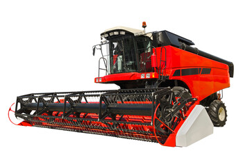 Red agricultural combine, front view