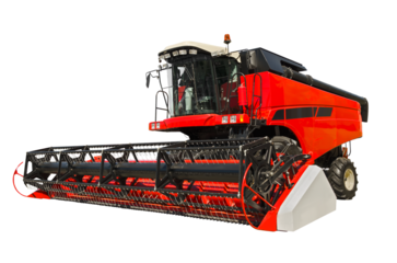 Red agricultural combine, front view