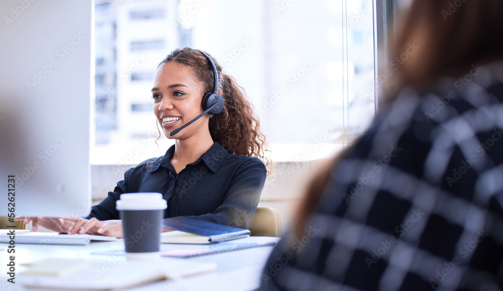 Poster Call center, customer service and support with a business black woman consulting in her telemarketing office. Computer, contact us or sales with a female employee working as a consultant in a company