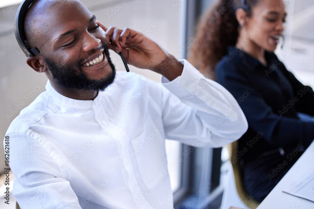 Poster black man, face and smile with headset in call center, contact us with crm and phone call with clien