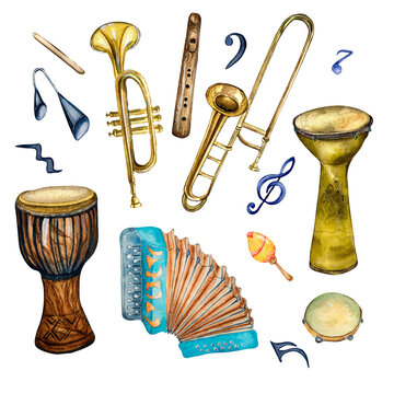 Set of jazz musical instruments and symbols watercolor illustration isolated. Accordion, djembe, tuba, flute, conga hand drawn. Design element for flyer, concert events, brochure, poster, print