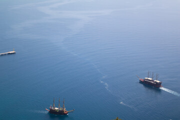 A large ship is sailing in the open sea