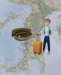 Backpacker with luggage stand on Italy map. Travel and tourism concept. 3D cartoon character with Colosseum and Pisa tower illustration on map.