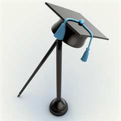 Square black academic cap with blue pole ribbon