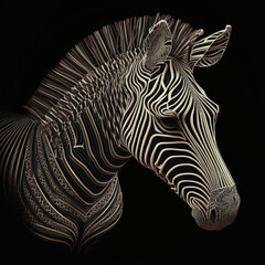 Fototapeta na wymiar zebra on a black background 3d graphics looks into the distance 
