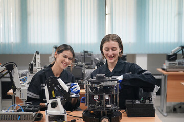 Engineer programming robot in robotics research facility 