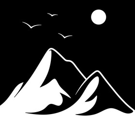 Mountains on a black background. Mountain peaks with flying birds.